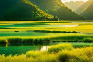 das Grün Gras und Wasser im das Berge. KI-generiert foto