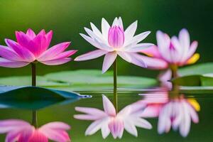 drei Rosa Lotus Blumen sind reflektiert im das Wasser. KI-generiert foto