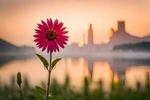 ein Rosa Blume steht im Vorderseite von ein Stadt Horizont. KI-generiert foto