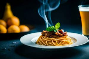 Spaghetti mit Fleisch und Soße auf ein Platte. KI-generiert foto