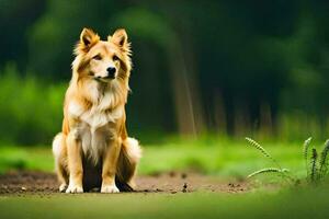 ein Hund Sitzung auf das Boden im das Mitte von ein Feld. KI-generiert foto