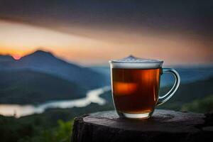 ein Becher von Bier auf ein Stumpf im Vorderseite von ein See. KI-generiert foto