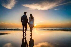 Paar Gehen auf das Strand beim Sonnenuntergang. KI-generiert foto