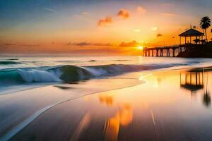 Sonnenuntergang, das Strand, Palme Bäume, das Ozean, das Strand, das Ozean, Die. KI-generiert foto