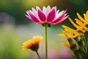 ein Rosa Blume ist Stehen im Vorderseite von ein Gelb Blume. KI-generiert foto