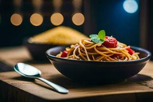 Spaghetti mit Tomate und Basilikum auf ein hölzern Tisch. KI-generiert foto