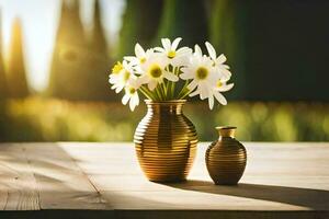zwei Vasen mit Weiß Blumen auf ein hölzern Tisch. KI-generiert foto