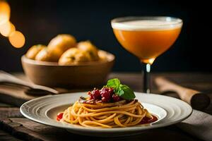 Spaghetti mit Tomate Soße und Fleischklößchen auf ein Platte. KI-generiert foto