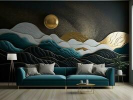 3d Abstraktion modern Mauer Kunst Nacht Landschaft mit dunkel Blau und golden Türkis Berge schwarz Hintergrund mit Mond und golden Bäume generativ ai foto