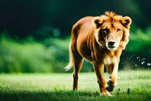 ein Löwe Gehen über ein Grün Feld. KI-generiert foto