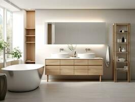 modern Badezimmer Innere mit Eitelkeit, doppelt Waschbecken, Badewanne, und Dusche generativ ai foto