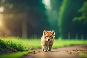 ein klein Fuchs Gehen entlang ein Schmutz Straße. KI-generiert foto