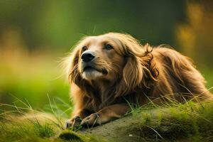 ein Hund Verlegung auf ein Felsen im das Gras. KI-generiert foto