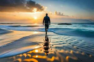 ein Mann Gehen auf das Strand beim Sonnenuntergang. KI-generiert foto