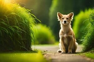 ein Hund Sitzung auf das Pfad im das Gras. KI-generiert foto