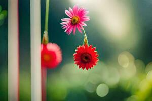 zwei Rosa Blumen hängend von ein Schnur. KI-generiert foto