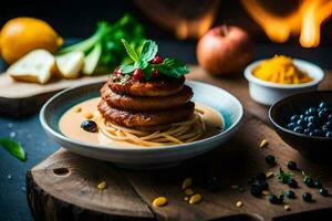 ein Teller von Essen mit Pasta, Gemüse und Gewürze. KI-generiert foto