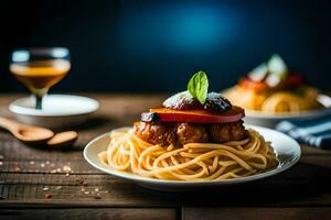 Spaghetti mit Fleischklößchen und Tomate Soße auf ein Platte. KI-generiert foto