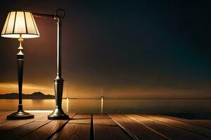 ein Lampe auf ein hölzern Dock beim Nacht. KI-generiert foto