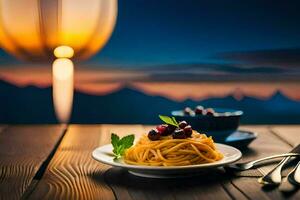 Pasta mit Kirsche und Berg Aussicht beim Nacht. KI-generiert foto