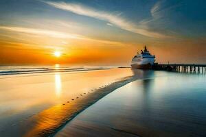 ein Boot angedockt beim das Strand beim Sonnenuntergang. KI-generiert foto