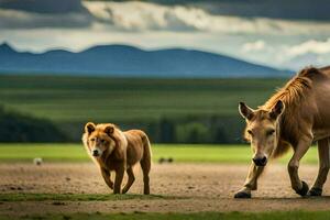 ein Pferd und ein Löwe Gehen zusammen im das Feld. KI-generiert foto