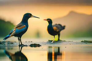 zwei Vögel Stehen auf das Ufer von ein See. KI-generiert foto