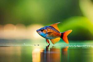 ein Fisch ist Stehen auf das Wasser mit ein Grün Hintergrund. KI-generiert foto