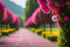 ein Gehweg gefüttert mit Rosa Blumen im ein Park. KI-generiert foto