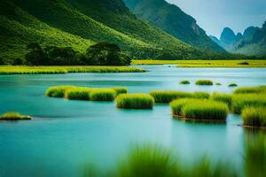 ein Fluss im das Berge mit Gras und Bäume. KI-generiert foto