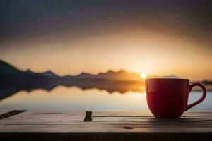 ein rot Kaffee Tasse sitzt auf ein hölzern Tabelle mit Blick auf ein See. KI-generiert foto