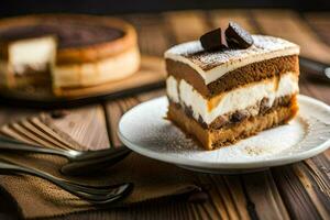 ein Scheibe von Kuchen auf ein Teller mit ein Gabel. KI-generiert foto