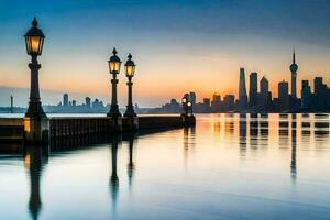 das Stadt Horizont beim Sonnenuntergang im Schanghai. KI-generiert foto