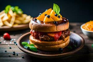 ein Hamburger mit Obst und Gemüse auf ein Platte. KI-generiert foto