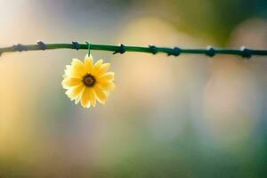 ein Single Gelb Blume ist hängend von ein mit Widerhaken Kabel. KI-generiert foto