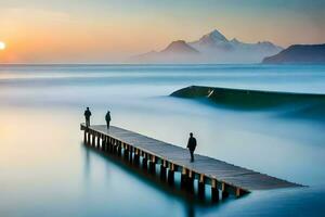 zwei Menschen Stand auf ein Seebrücke beim Sonnenuntergang mit Berge im das Hintergrund. KI-generiert foto