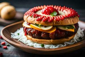 ein Hamburger mit Erdbeeren und Käse auf oben. KI-generiert foto