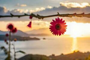 ein Rosa Blume ist hängend von ein Ast mit das Sonne Rahmen hinter Es. KI-generiert foto