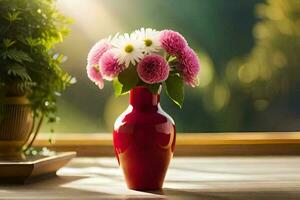 ein rot Vase mit Blumen auf ein Tisch. KI-generiert foto
