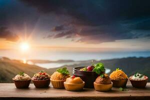 Essen auf das Tabelle mit Sonnenuntergang im das Hintergrund. KI-generiert foto