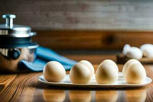 Eier auf ein Teller im Vorderseite von ein Herd. KI-generiert foto
