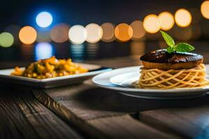 ein Teller von Spaghetti und ein Fisch auf ein hölzern Tisch. KI-generiert foto