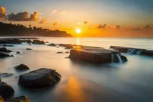 Sonnenuntergang, Felsen, Wasser, das Ozean, das Strand, hd Hintergrund. KI-generiert foto