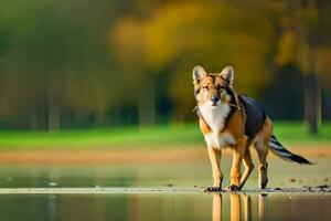 ein Wolf Stehen auf das Ufer von ein See. KI-generiert foto