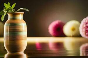 ein Vase mit ein Pflanze im es auf ein Tisch. KI-generiert foto