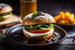 ein Hamburger mit Tomaten und Käse auf ein Platte. KI-generiert foto