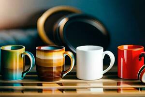 ein Reihe von bunt Kaffee Tassen auf ein Tisch. KI-generiert foto
