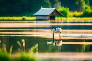 ein Weiß Vogel steht im das Wasser in der Nähe von ein Hütte. KI-generiert foto