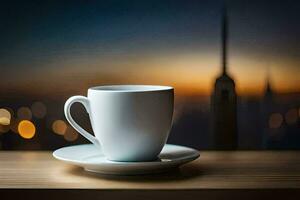 ein Tasse von Kaffee auf ein Tabelle im Vorderseite von ein Stadtbild. KI-generiert foto