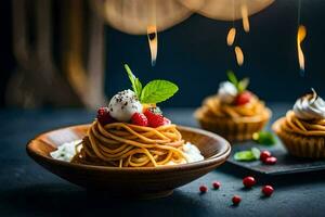 Pasta mit Beeren und Minze auf ein hölzern Platte. KI-generiert foto